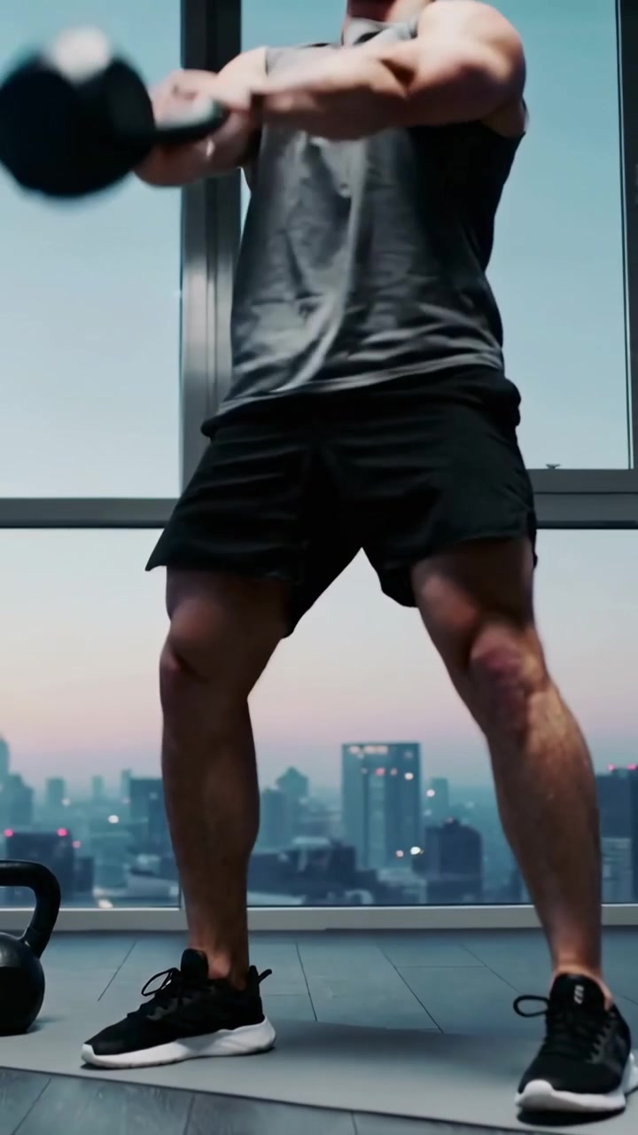 Video verticale: Un uomo con una canotta che inizia uno squat parziale, oscillando una kettlebell in palestra per la forza.