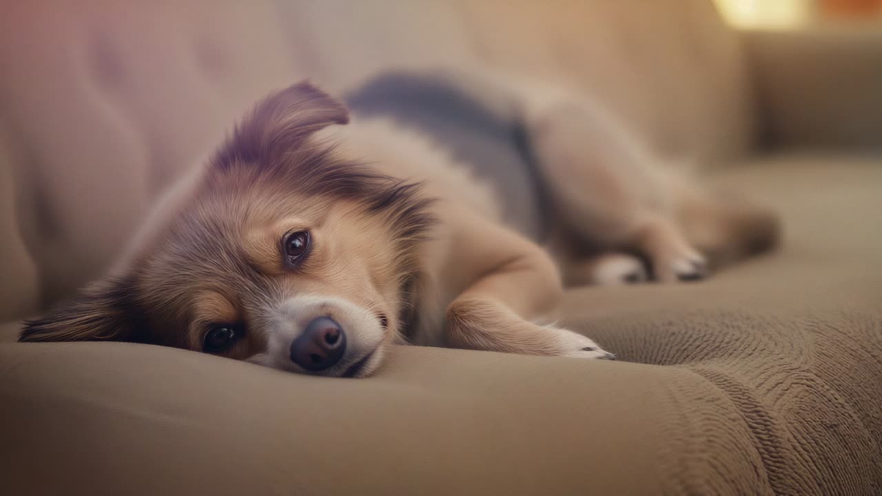 Camera starting, shepherd-mix dog making subtle gaze shifts and breathing on beige sofa at home