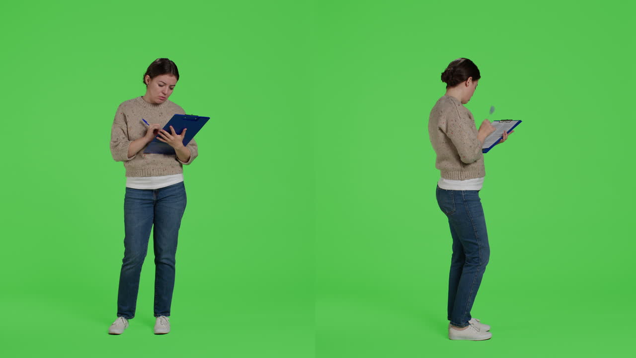 Woman writing notes on clipboard on green screen