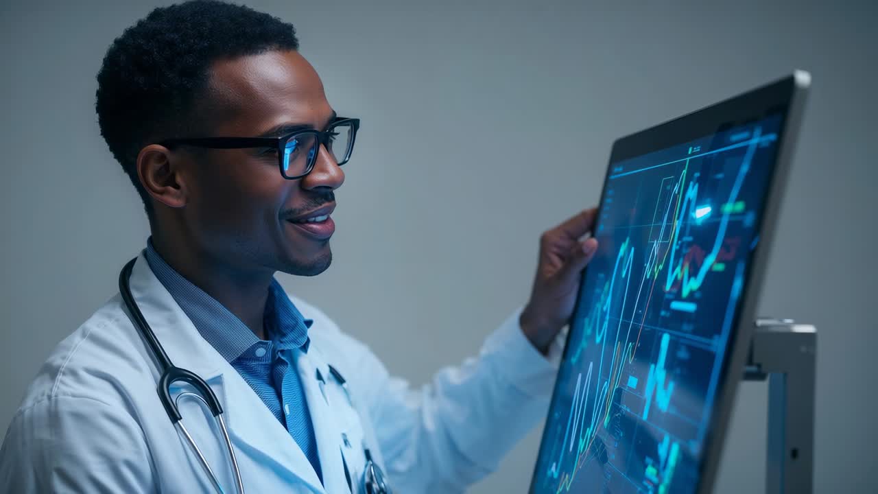 Seeing waveforms, doctor in lab coat with stethoscope touching monitor, reviewing vitals