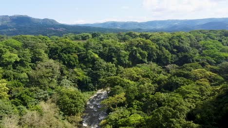 Stromschnellen-Schneiden-Durch-Dichten-Grünen-Dschungel-Mit-Bergigem-Hintergrund