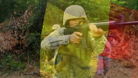 animation of flag of belgium over soldiers with guns