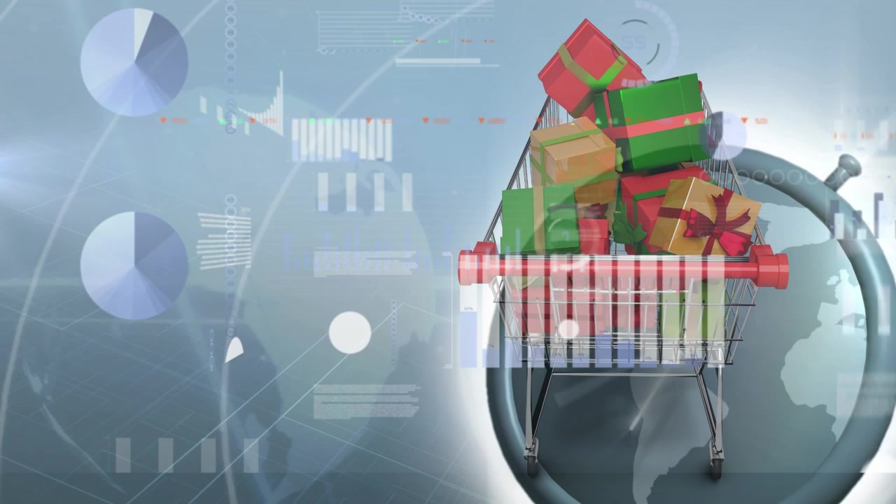 Animasi pemrosesan data keuangan di atas globe dan keranjang belanja dengan hadiah