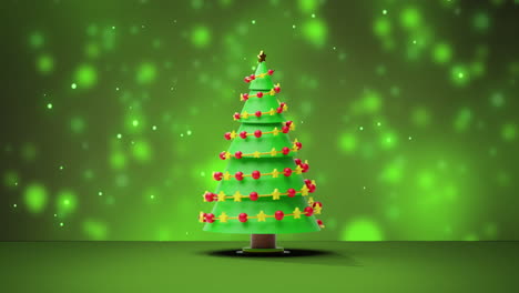 animación del árbol de navidad sobre la nieve que cae sobre un fondo verde