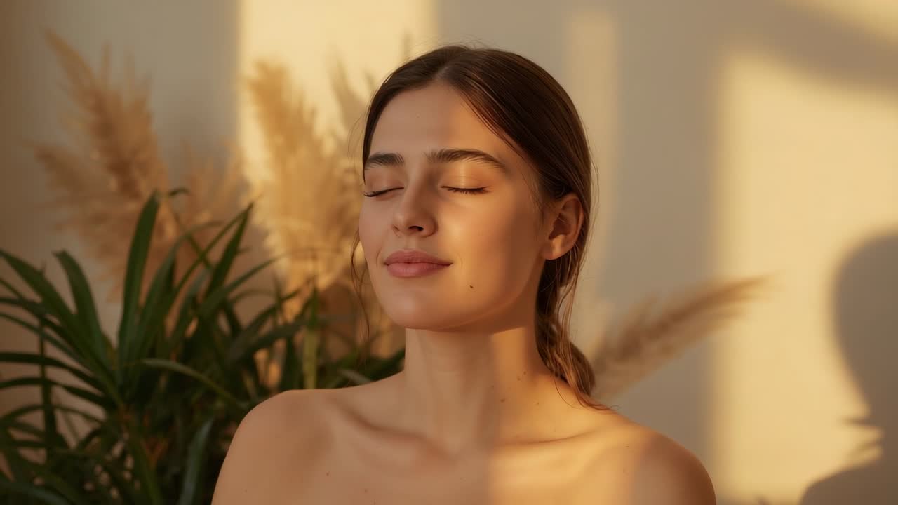 Luz del sol cambiando, mujer adulta sentada con los ojos cerrados sonriendo, disfrutando del sol cálido en casa, planta