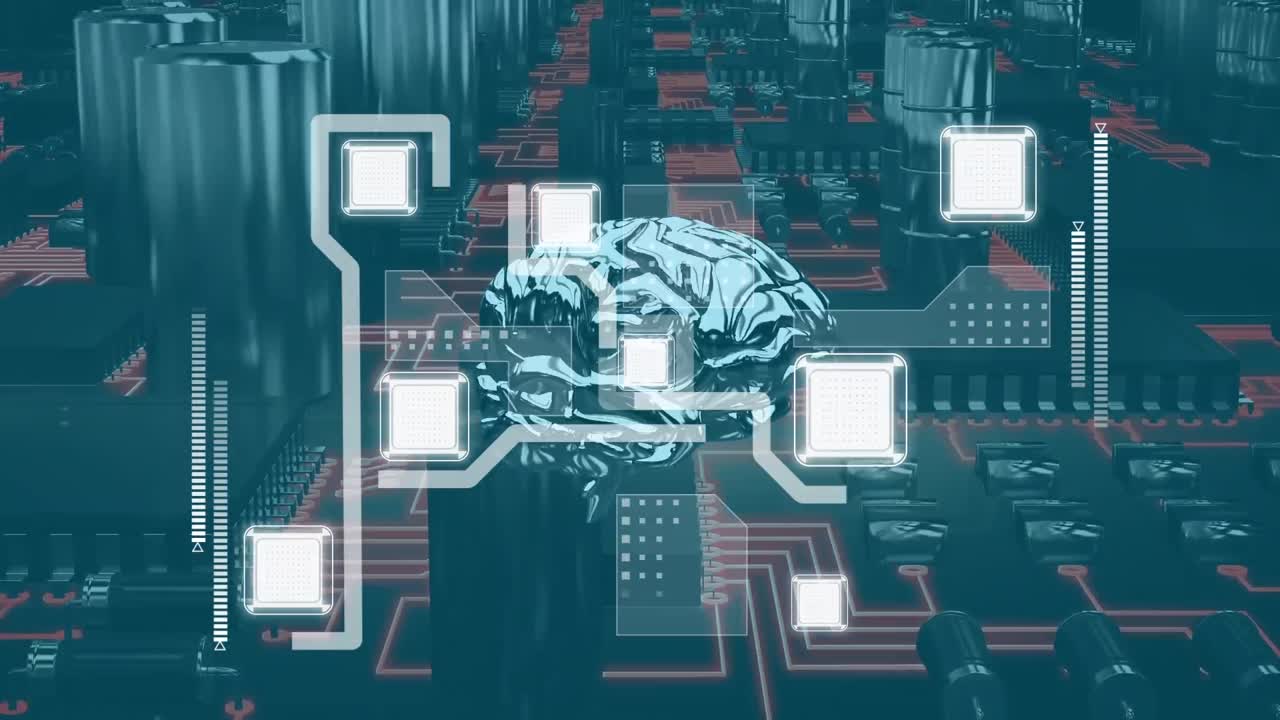 Animation of brain and integrated circuit over 3d motherboard