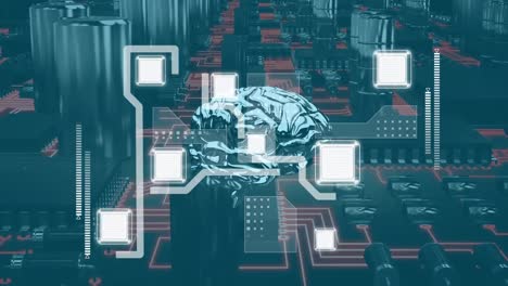 animación del cerebro y el circuito integrado sobre la placa base 3d