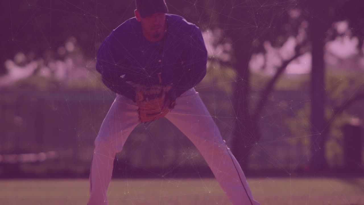 In school, animation of baseball player fielding with digital network overlay