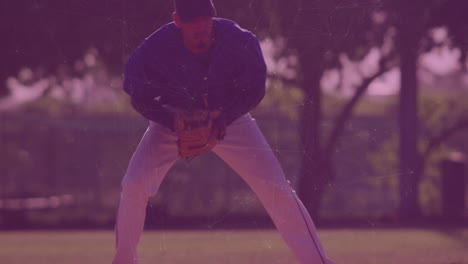 in school, animation of baseball player fielding with digital network overlay
