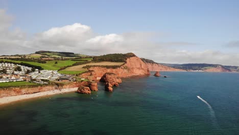 Schwenken-Rechts-Horizontale-Aufnahme-Von-Lyme-Bay-Mit-Blick-Auf-Sidmouth,-Devon,-England-Uk