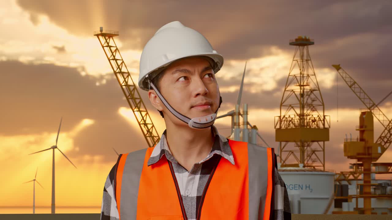 안전 헬을 입은 아시아 남성 엔지니어가 해상 수소 생산을 위해 서 있는 동안 주위를 둘러보고 있습니다.