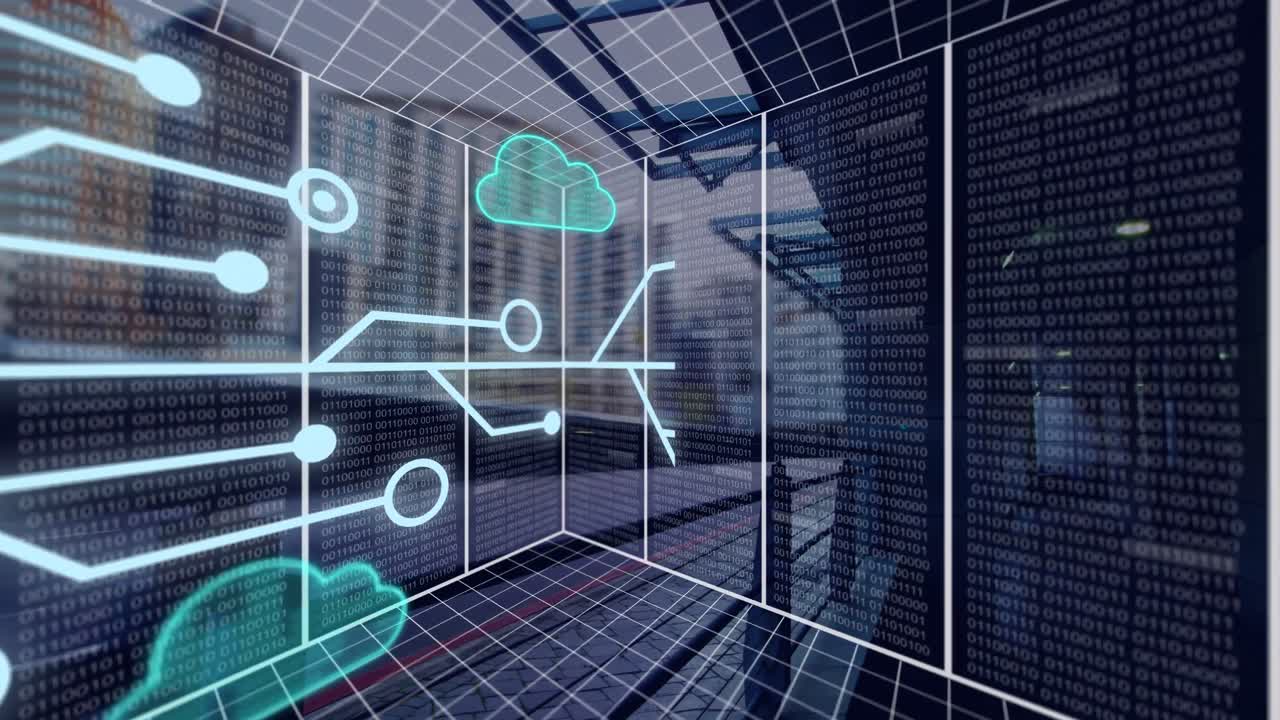 Animation of clouds, data processing over cityscape