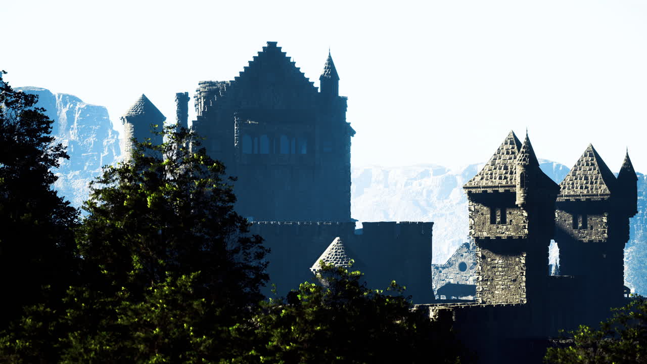 Mystical castle silhouette against a bright sky in a distant landscape
