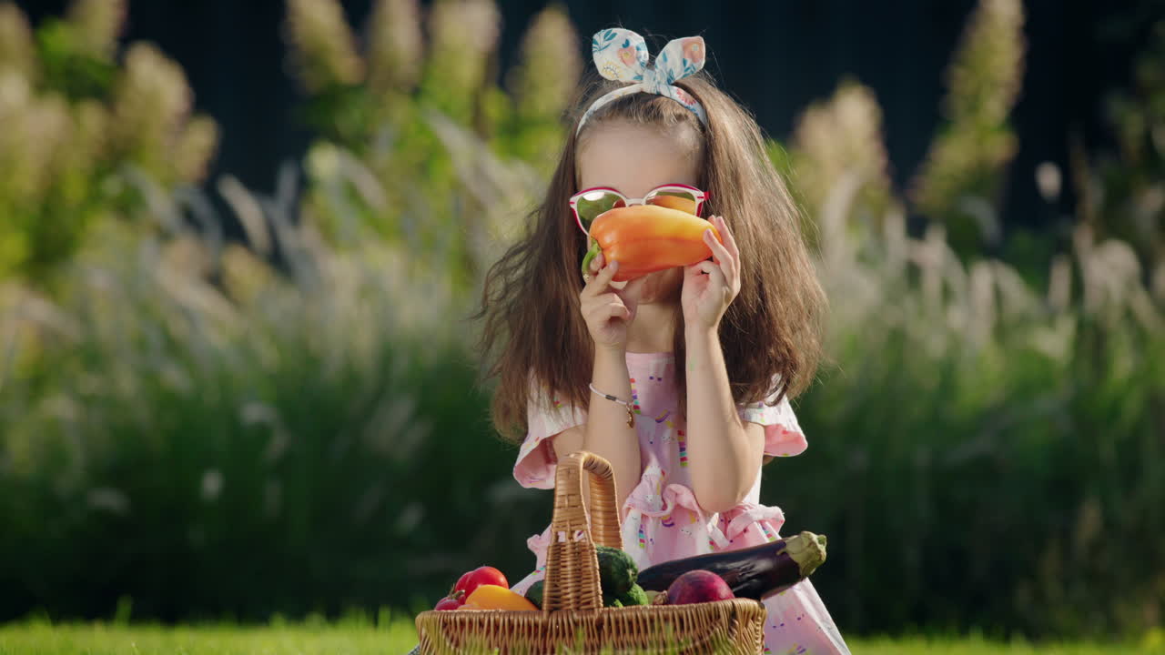 귀여운 아이가 채소 바구니 근처의 잔디에 앉아 있습니다. 피크닉 개념