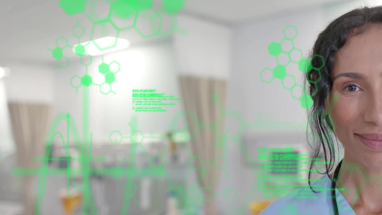 Smiling healthcare professional in hospital with medical data and hexagonal patterns animation