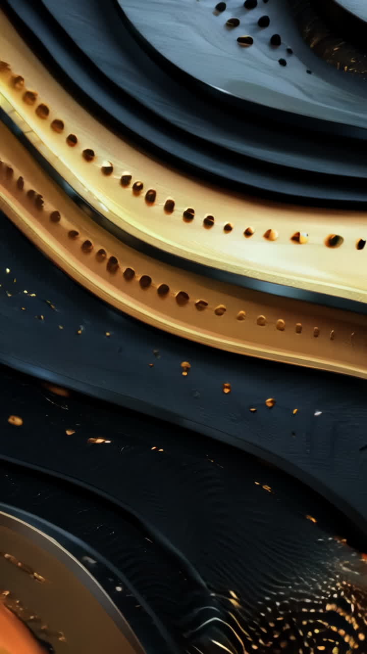 A black and gold striped design with a lot of dots. The design is abstract and has a modern, artistic feel to it. The gold and black colors create a sense of luxury and sophistication