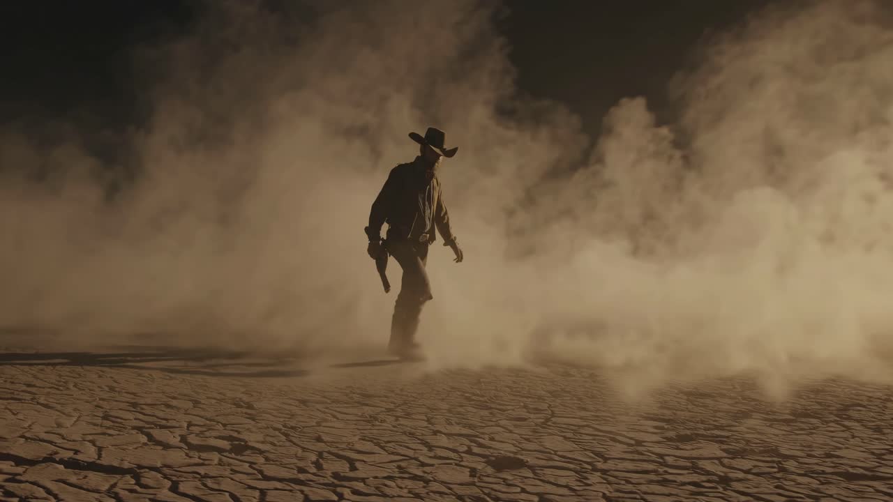 Cowboy walking through a dusty desert landscape at night
