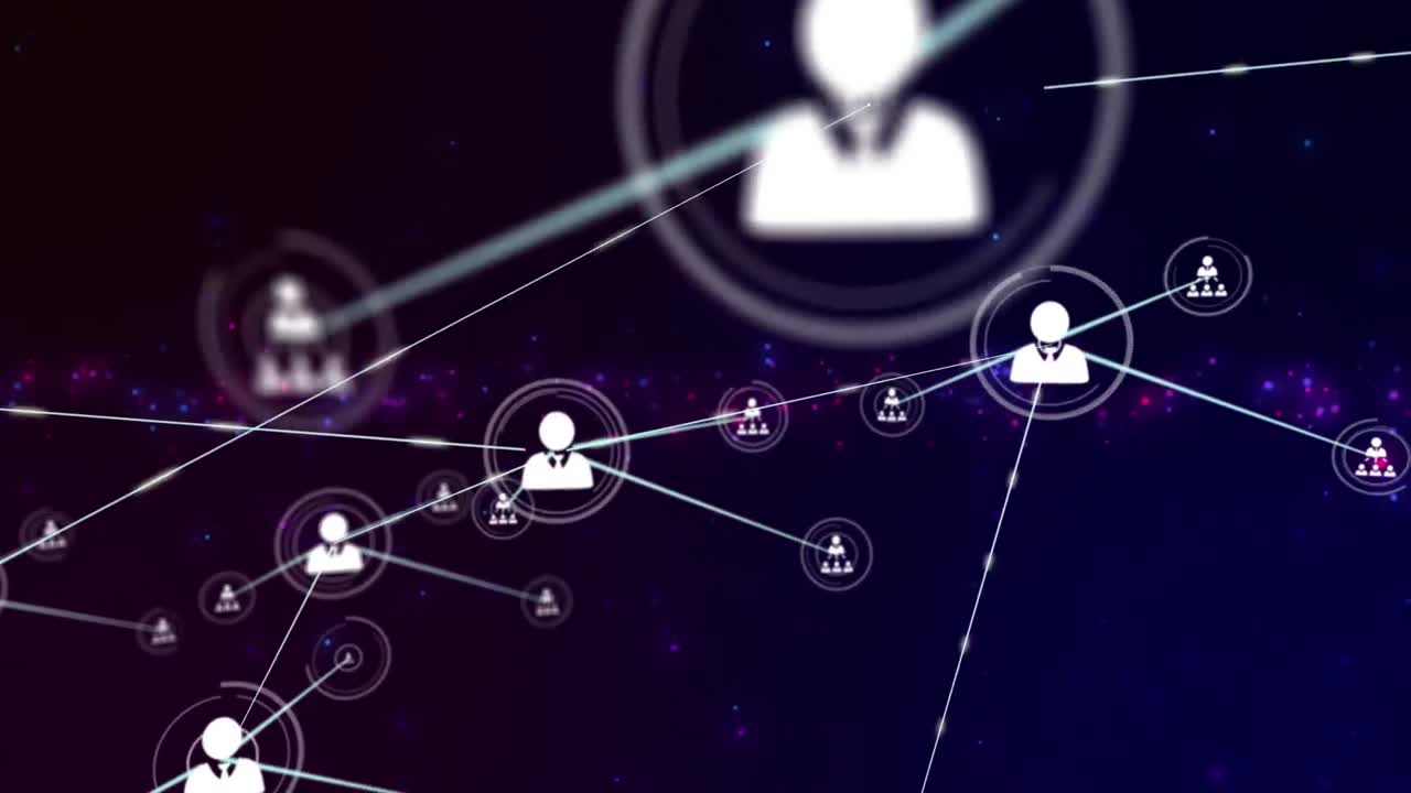 animación de la red de conexiones de iconos de usuario sobre fondo púrpura