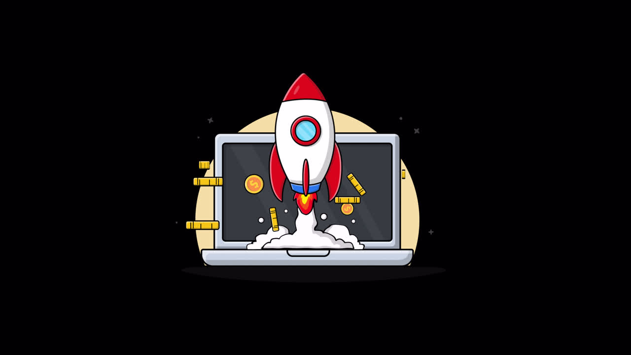 Animated Rocket Launching from Laptop with Gold Coins