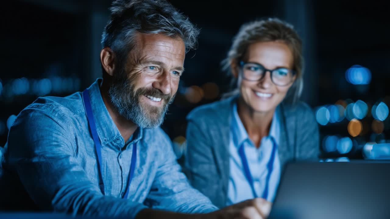 Engaged Collaboration: Two Professionals Working Late at Night, Sharing Ideas and Insights Over a Laptop Amidst a Beautiful Urban Nightscape