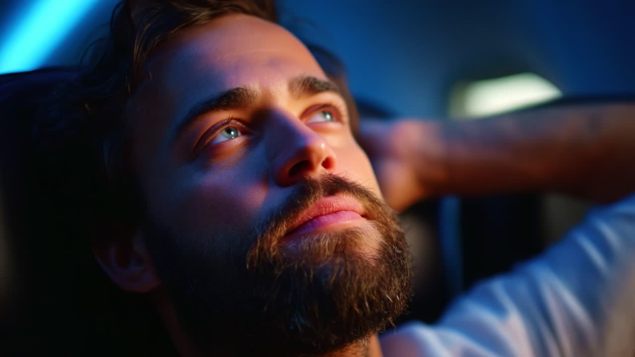 A contemplative moment captured in two frames, showcasing a man with a beard in a serene environment, illuminated by soft blue lighting, evoking feelings of introspection and tranquility amid a modern backdrop