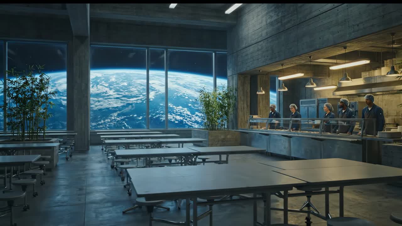 Futuristisk kafeteria med utsikt mot jorden og personale på romstasjon