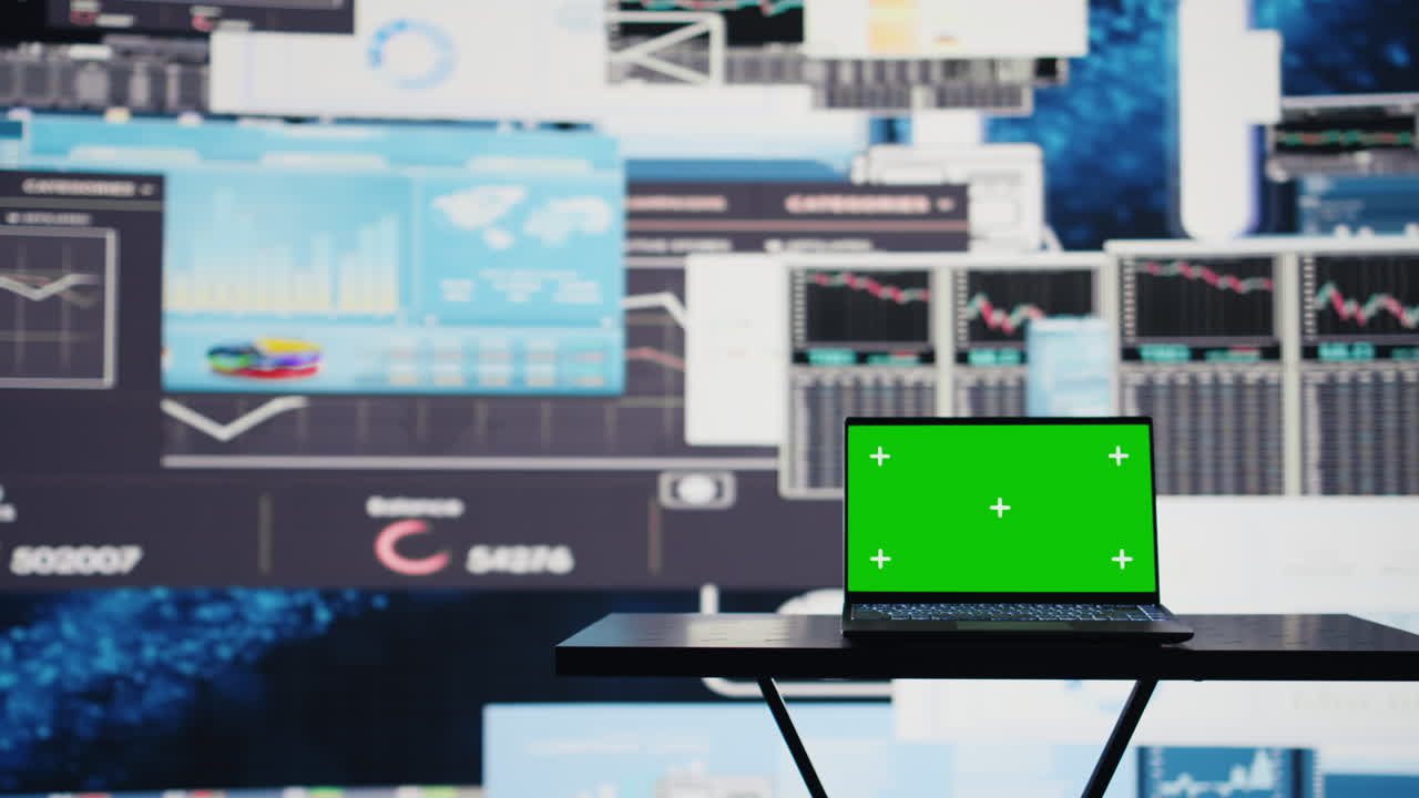 Empty business space has a laptop screen with chroma key