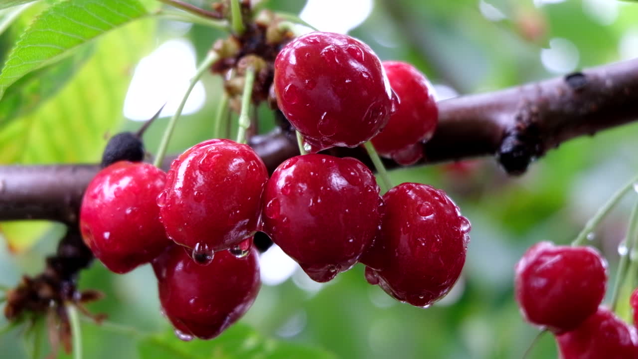 Close up of wet red cherries ripe on the tree in sunlight