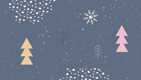 animation of snow falling over christmas trees on blue background