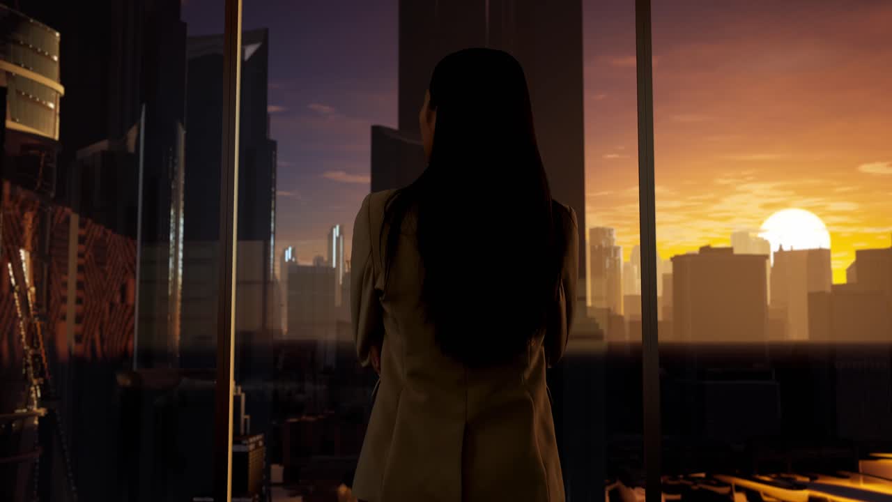 mujer de negocios contemplando la vista de la ciudad al atardecer