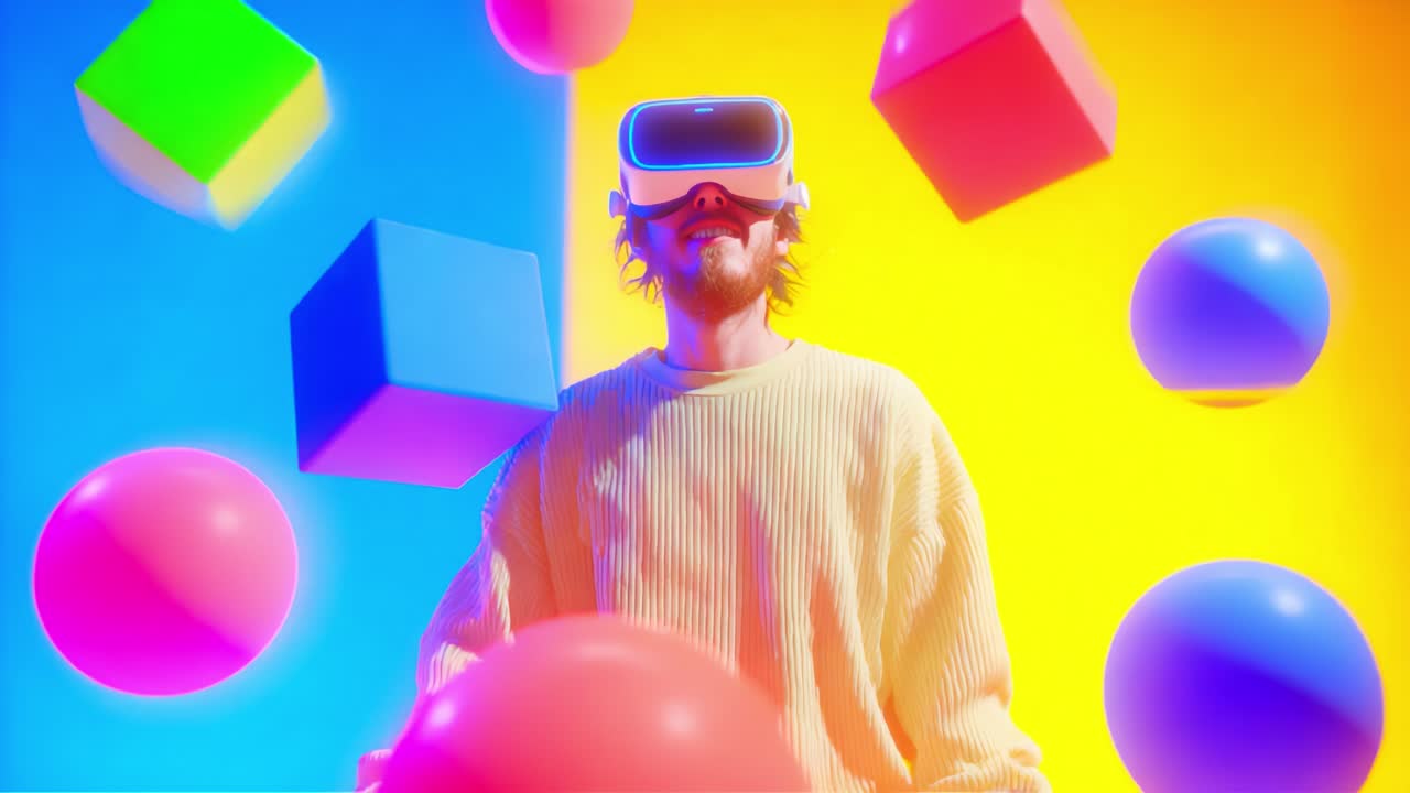 A person immersed in a vibrant virtual reality environment, experiencing colorful geometric shapes and spheres while wearing a VR headset, showcasing the excitement of digital exploration