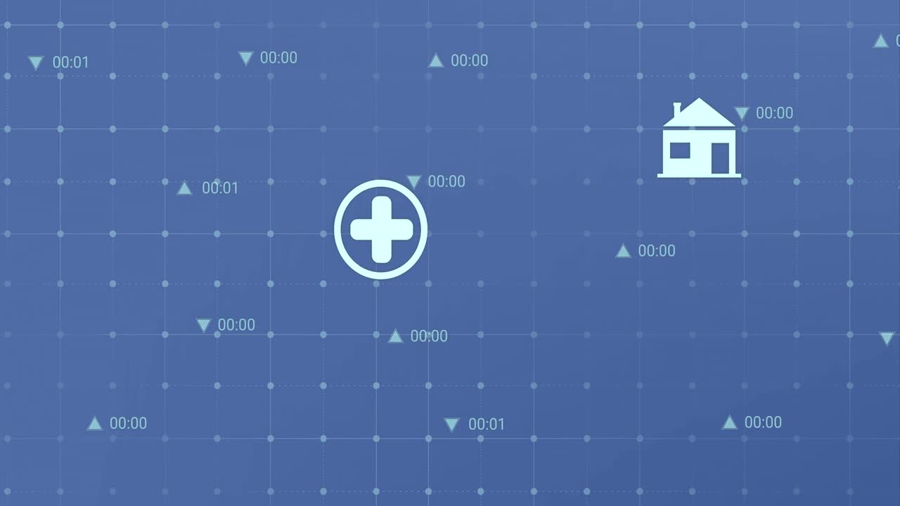 Animation of multiple digital icons over grid network against blue background
