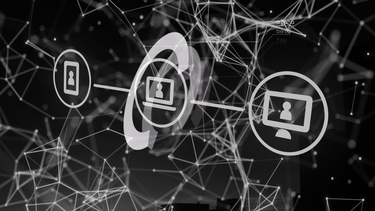 Animazione di icone digitali su rete di connessioni fluttuanti su sfondo nero