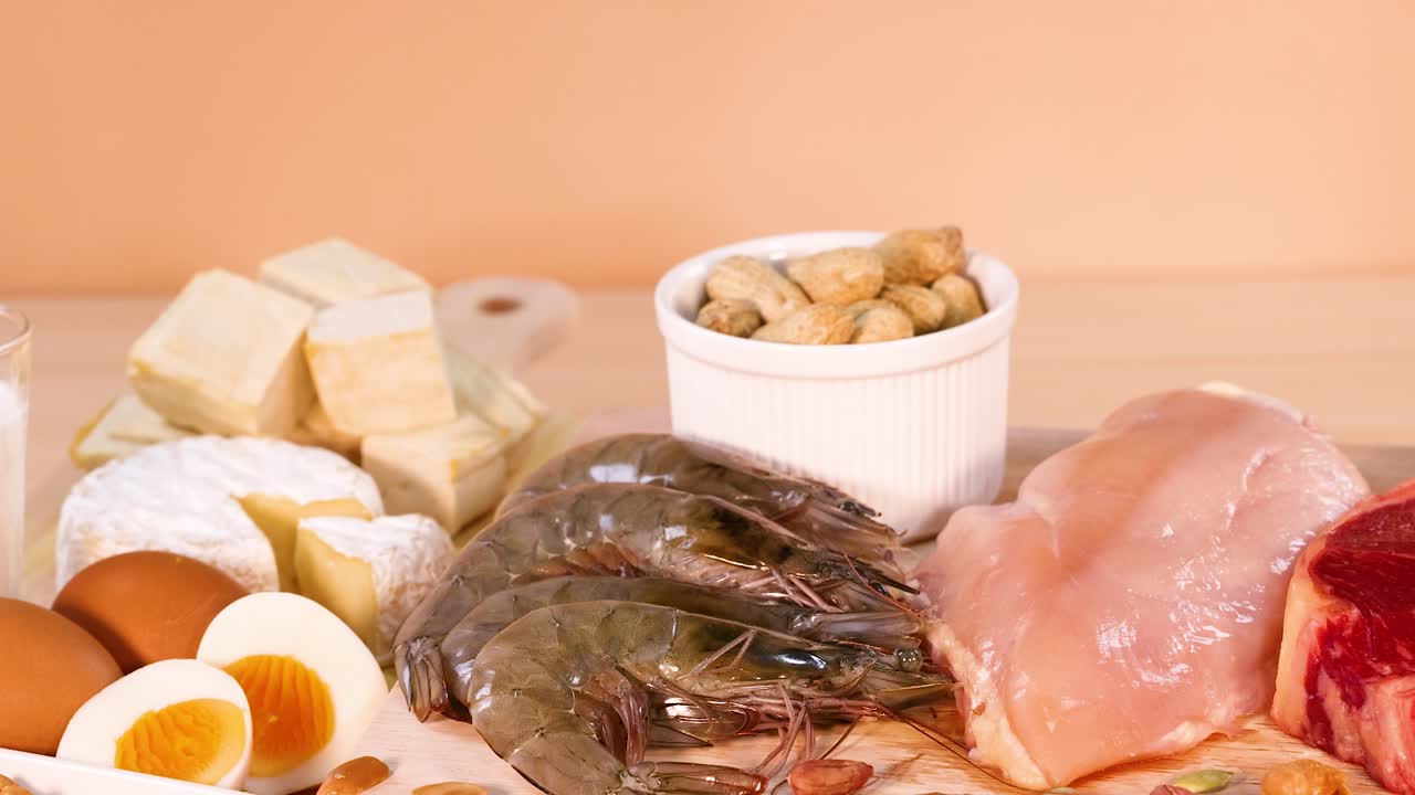 다양한 단백질 소스가 테이블에 배열되어 있습니다.