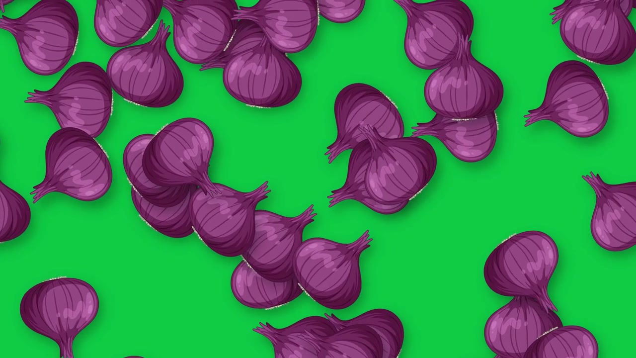 Cipolle rosse stilizzate cadono verticalmente attraverso l'inquadratura su un vivace sfondo green screen
