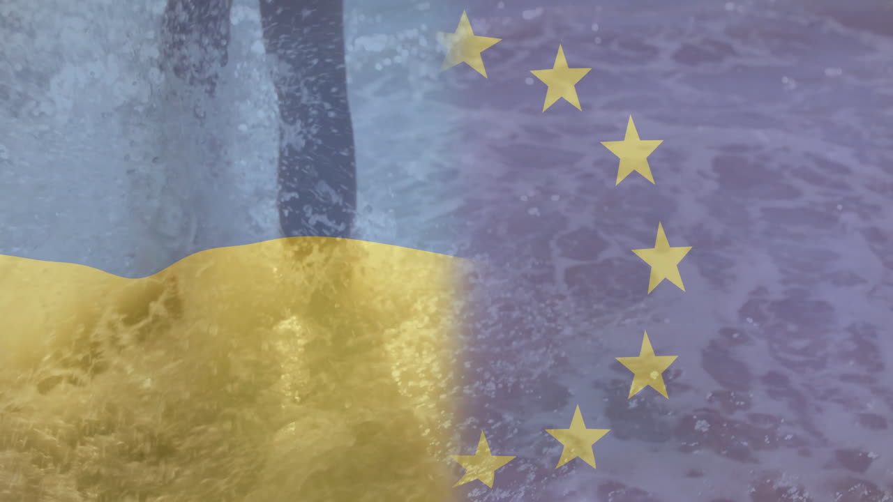 banderas de ucrania y la ue animación sobre el agua salpicando en la playa