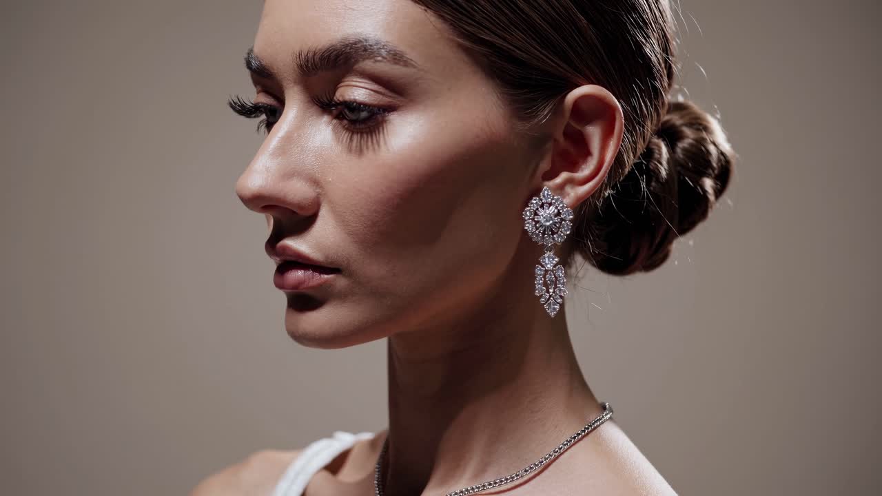Close-up video of a woman with elegant jewelry, captured from a low angle, highlighting her features