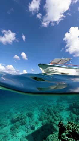 split-level view of a boat above a coral reef in clear tropical waters