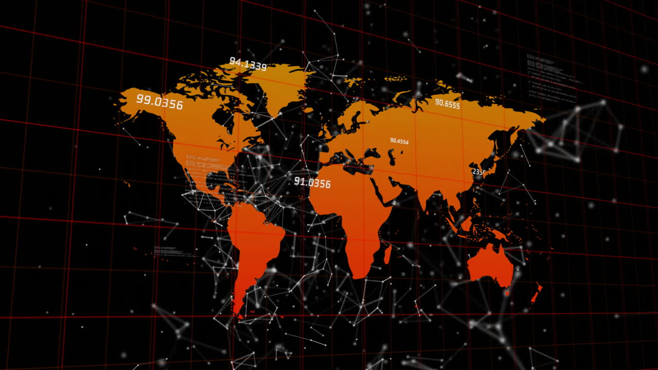 Animation of orange world map featuring numerical data and network connections on grid