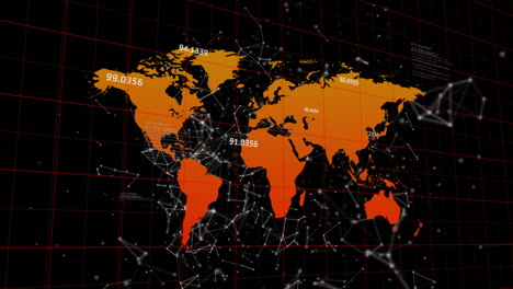animation of orange world map featuring numerical data and network connections on grid
