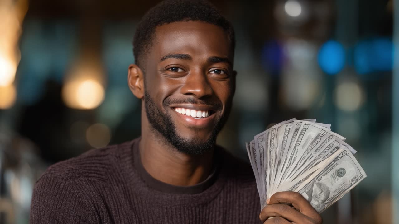 Uomo allegro che mostra con orgoglio una mazzetta di contanti, mettendo in mostra il suo successo finanziario e la sua felicità in un ambiente vivace e ben illuminato con sfondo sfocato