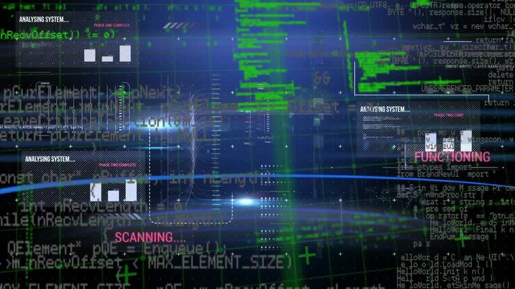 Animazione di una rete a griglia su un'interfaccia con elaborazione dati su sfondo blu.