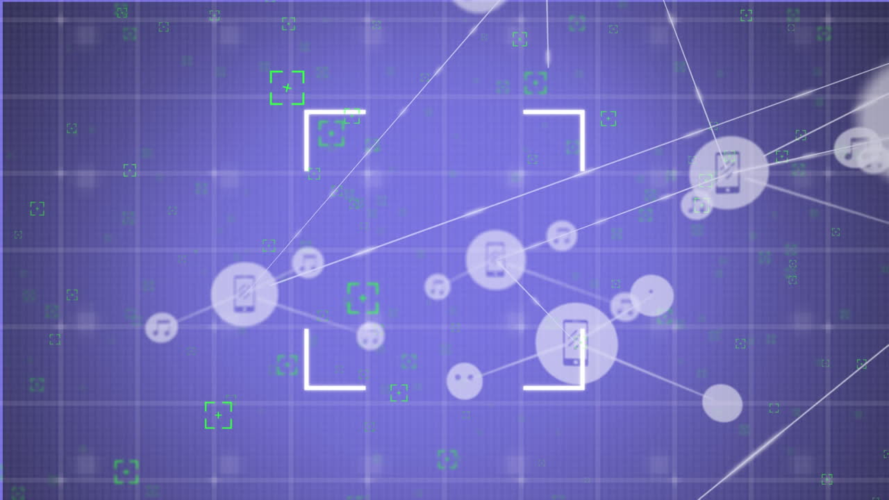 escaneo de alcance sobre la red de iconos digitales contra la red de cuadrícula en fondo púrpura