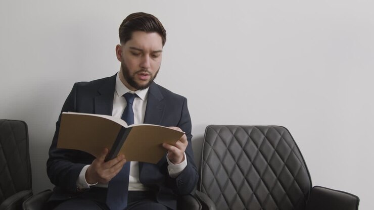 Male Candidate Wearing Suit In Office Checking Notes Before Job Interview 4