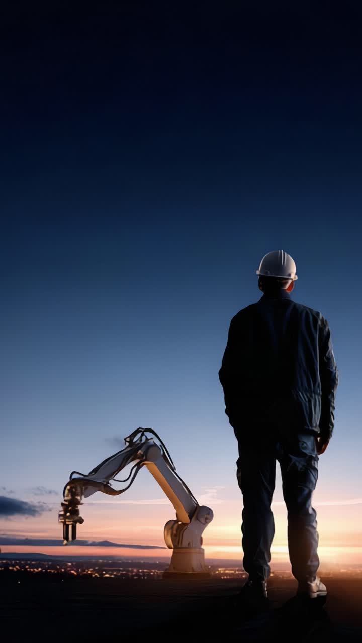 A Worker Observes a Robotic Arm at Sunset, Signifying the Fusion of Technology and Labor in the Modern Industrial Landscape