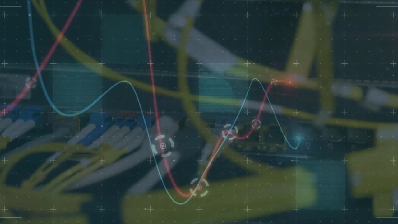 마커를 가진 선의 애니메이션과 케이블과 컴퓨터 서버의 클로즈업에 대한 데이터 처리