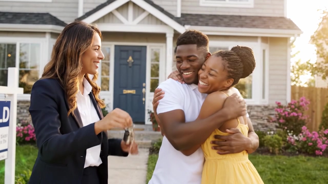 Celebrating New Beginnings: A Joyful Moment as a Home Buyer Receives Keys to Their Dream House from a Realtor