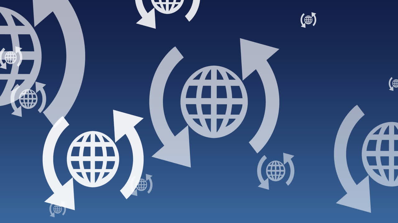 animación de flechas alrededor de los íconos del globo contra fondo azul