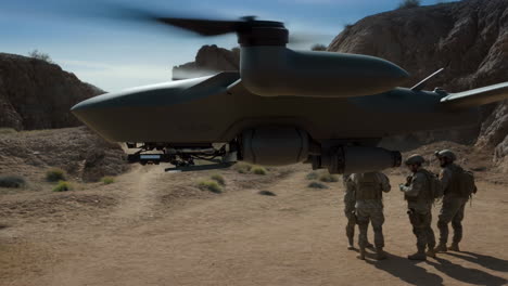 military drone and soldiers in desert