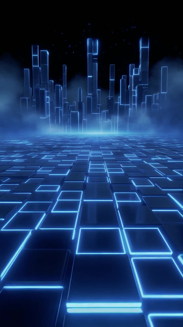 Paesaggio urbano digitale astratto con griglia al neon blu luminosa